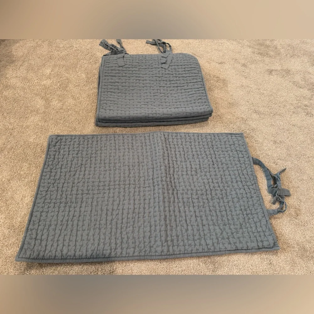Pottery Barn Pick- Stitched King Shams Set of 4 Blue Grey Tie Linen Cotton